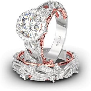 Jeulia 4 Carat Leaf Rings for Women 925 Sterling Silver 18 K Rose Gold Plated Round Cut Engagement Ring Set White Diamond Halo Cubic Zirconia Wedding band CZ Solitaire Anniversary Promise Rings (8)