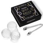 ARIDON- Crystal Clear Glass Golf Ball Whiskey Chillers Set - 4 Reusable Golf Ball Ice Cubes for Whiskey Enthusiasts, Perfect Golf Gift for Golf Lovers, Tong Incl