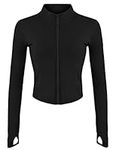 Gacaky Women's Athletic Jacket Lightweight Full Zip Up Yoga Jacket Cropped Workout Slim Fit Tops with Thumb Holes, Black, Medium