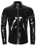 Panegy Men's Liquid Shiny Leather Shirt Jacket Slim Fit Wetlook Party Nightout Club 70s/80s Disco Blouse Tshirt, Long Zipper Black, XL