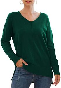 Jouica Womens V Neck Sweatshirt Side Split Loose Casual Sweater(Dark Green,Medium)