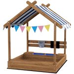 Outsunny Sand Pit Wooden Sandpit Kids Sandbox House for Outdoors, Gardens with Canopy, Liner, Blackboard, Sink, Seats, Flags, for Ages 3-7 Years - Brown