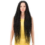 DÉBUT Lace Front Wig Super Long Curly Wig for Women 36 inches 290g Synthetic Hair Side HD Lace Parting 150% Density (1B: Black)