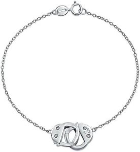 Minimalist Thin Partners Couples Interlocking Handcuff Bracelet for Women Teen CZ Accent .925 Sterling Silver with Working Lock Clasp