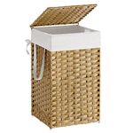 SONGMICS Laundry Hamper with Lid, 17.2 Gallon (65 L) Synthetic Rattan Clothes Laundry Basket with Lid and Handles, Foldable, Removable Liner, Goose Yellow ULCB165N01