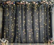 10ft x 10ft Black Tulle Photo Backdrop Curtain with Lights String for Parties Sheer Black Curtain Backdrop for Birthday Party Baby Shower Wedding Photo Booth Photography Background Decorations