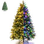 GiantexUK 5FT/6FT Pre-Lit Christmas Tree, Artificial Hinged Pine Xmas Tree with 250/350 LED Lights, 11 Flash Modes, 581/899 Tips, Pine Cones & Red Berries, Festival Snowy Decoration Tree (5ft/1.5m)