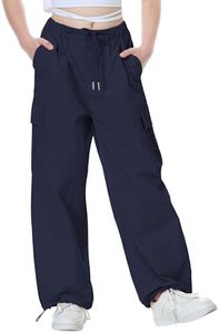 Rolanko Parachute Pants for Girls Y2K Cargo Pants Trousers with Pockets Harajuku Jogger Pants for Kids Streetwear (Navy, 10-12)