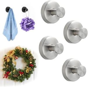 AULCTR 2026 Upgrade Suction Cup Hooks for Wreaths on Glass, Stainless Steel Waterproof No-Drill Suction Cup Hooks, Household Wreath Hanger Holder for Glass Window Door Bathroom Mirrors (Silver, 4PCS)