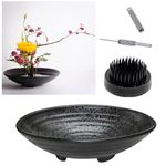 Eggone Japanese Ikebana Kit Floral Frog Flower Container with Kenzan Needle Straightening Tool - 1.57inch Black Flower Frog, 6.7inch Bowl Vase