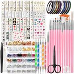 Water Transfer Nail Art Stickers with Nail Art Brushes Set, FANDAMEI 54 Sheets Nail Decals Stickers, Nail Design Brush Nail Dotting Tool, Nail Striping Tape Nail Gems & Rhinestones Nail Art Foil, Pink