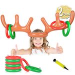 AniSqui 2 Set Inflatable Reindeer Antler Game, (2 Inflatable Antler, 12 Rings Reindeer Ring Toss) Inflatable Reindeer Antler Hat with Rings, Family Christmas Party Games