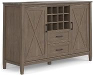 SIMPLIHOME Ela Solid Wood and Pine 54 Inch Rectangle Transitional Sideboard with Wine Storage in Smoky Brown, for The Dining Room and Kitchen