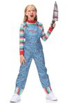 Besserbay Big Girl's Scary Horror Killer Doll Jumpsuit Cartoon Print Blue Halloween Costume with Striped Tee 9-10 Years