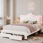 Keyluv Full Upholstered LED Bed Frame with Storage Drawer, Leather Princess Platform Bed with Adjustable Crystal Button Tufted Crown Headboard, Solid Wooden Slats Support, No Box Spring Needed, White