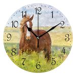 Mnsruu Wall Clock Horse and Flower Field Silent Non-Ticking Decorative Wall Clocks Battery Operated 25x25cm for Home Living Room Kitchen Bathroom Bedroom