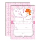 First Holy Communion Religious Party Invitations for Girls (Light Skin, Red Hair), 20 5"x7" Fill in Cards with Twenty White Envelopes by AmandaCreation