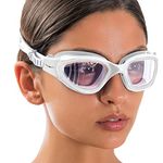 AqtivAqua Swim Goggles Swimming Goggles for Adult Men Women Kids 6-14 Youth Girls Boys Childrens DX-C (All White frame, Silver case, Clear lens)