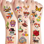 DPKOW 96 Pcs Day of the Dead Temporary Tattoos for Kids, Dia De Los Muertos Tattoos Waterproof Mexican Festival Skull Cactus Guitar Tattoos Stickers for Boys Gilrs Halloween Party Supplies Decorations