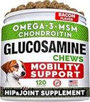 STRELLALAB Glucosamine Treats for Dogs - Joint Supplement w/Omega-3 Fish Oil - Chondroitin, MSM - Advanced Mobility Chews - Joint Pain Relief - Hip & Joint Care - Bacon Flavor - 120 Ct - Made in USA