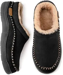 Zigzagger Men's Slip On Moccasin Slippers, Indoor/Outdoor Warm Fuzzy Comfy House Shoes, Fluffy Wide Loafer Slippers,Black, 9-10 D(M) US