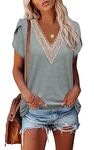 Famulily Women's Casual Loose Short Sleeve Tops, Ladies V Neck Lace Trim T-Shirts Fashion Summer Clothes (M, Grey)