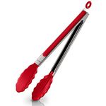 Kitchen Silicone Tongs 9 Inches | Stainless Steel Handle with Easy Grip and Smart Padlock System | Curved Silicone Tip for Strong Grip | Handy Tong for BBQ, Serving, Frying, and Cooking (Red)