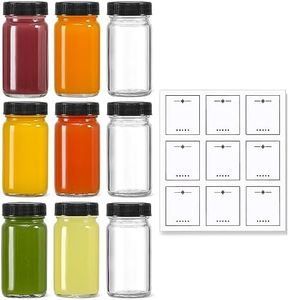 9 Pack, 2 oz Glass Shot Bottles w/ Black Lids & 9 Labels - Small Clear Jar for Ginger, Wellness Shot, Juice, Sample, Whiskey - Travel Essentials Mini Bottles - Wide Mouth, Leakproof, Dishwasher Safe