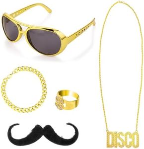 5 Pezzi Accessori per Outfit Hippie Anni '70 Occhiali da Discoteca Retrò Dorati Anello Collana Bracciale Barba Finta Uomo Donna Accessori Hippie in Maschera per Halloween Festa in Discoteca Anni '80