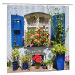 Newhomestyle 3D Printing Home Garden Flowers Shower Curtain, Blue Window Garden Decoration, Waterproof Quick-Drying Polyester Fabric Bathroom Curtain with 12 Hooks, 180X180cm/ 71X71 in