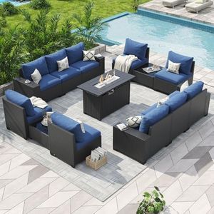 Aoxun Patio Furniture Sets with 44'' Fire Pit, 13 Pcs Outdoor Patio Coversation Sets with 4in Thicken Cushion, Widen Armrests Wicker Outdoor Sectional for Backyard (Waterproof Cover Include)