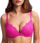 Dobreva Women's Push Up Lace Bra Sexy Plunge Padded Underwire Support Bras Full Coverage Glitter Pink 32A