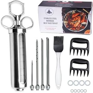 Iron Grillers Professional Meat Injector Syringe Kit for Smoking & Grilling | Large 2 Oz Capacity | Stainless Steel | Marinade Flavor Brush + Meat Shredder Claws - Creates Delicious Turkey & More