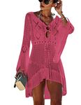 Bsubseach Women Long Flare Sleeve Hollow Out Crochet Beach Cover Up Knitted Beachwear Dress Rose