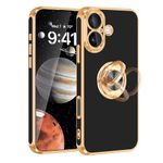 Fingic for iPhone 16 Plus Case[with 360°Rotatable Ring Holder][Support Magnetic Car Mount]Shiny Plating Gold Slim Thin Soft TPU Rugged Bumper Shockproof Case for iPhone 16 Plus for Women Men,6.7"Black