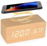 Wooden Digital Alarm Clock with Wireless Charging Station, 5 W Fast Wireless Charger for iPhone/Samsung Galaxy, Digital Alarm Clock without Ticking, Alarm Clock Clock for Bedroom, Home, Office