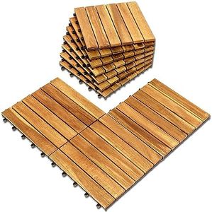 Interlocking Deck Tile (Pack of 10, 12"x12") Acacia Hardwood Deck Tile, Interlocking Patio Tile in Solid Acacia Wooden Oiled Finish Waterproof all Weather Perfect for Indoor Outdoor(Golden Teak Color)