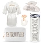 Toulite 5 Pcs Bridal Shower Gifts, Include Bride Robe Soft Kimono Robe, Bride Tumbler Cup, Claw Clip Hair Clip, Bridesmaid Proposal Gift Scrunchies, Cosmetic Travel Toiletry Bag for Women Party Favors