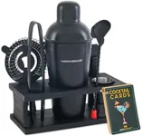 Mixology Bartender Kit - 8-Piece Black Matte Cocktail Shaker Set with Black Pine Wood Stand, Recipe Cards, and Bar Accessories Ideas