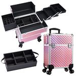 Professional Extra Large Makeup Trolley Lockable Rolling Train Case Artist Make Up Box Beauty Cosmetics Storage Organizer with Removable Middle Layer - Pink Diamond Surface