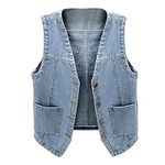 Womens Sleeveless Denim Vest V Neck Button Down Jean Jacket Washed Jean Crew Neck Sweatshirts Women, Blue, Large