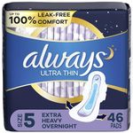 Always, Ultra Thin Pads For Women, Size 5, Extra Heavy Overnight Absorbency With Wings, 46 Count