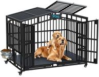 EasyCom 54'' Heavy Duty Indestructible Dog Crate XXL - Extra Large Metal Dog Kennel with Open Top, 2 Adjustable Bowls & Lockable Wheels, Escape Proof Indoor Cage for High Anxiety Big XL Large Breeds