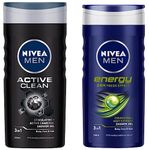 Nivea Men Shower Gel, Active Clean Body Wash, Men, 250ml & Men Shower Gel, Energy Body Wash, 250ml