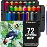 Zenacolor Professional Watercolor Pencils, Set of 72, Metal Box with Brush - Drawing Set for Coloring, Blending and Layering Books, Adult or Kids