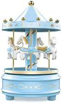 Carousel Music Box - Easy Twist, Blue - 4 Horse Classic Decor, Melody Beethoven's Fur Elise. Fall Asleep to Music Lights or Decorate Your Cake