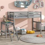 Low Loft Bed with Desk and Ladder, Twin Size Loft Beds with Slats Support, Wood Kids Loft Bed Frame for Boys Girls Teens, Gray
