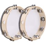 2 Pack Tambourine for Adults Wooden Tambourine 10 inch Hand Held Tambourine Metal Jingles Single Row Instrument Handheld Tambourine Drum for Church, KTV, Musical Educational