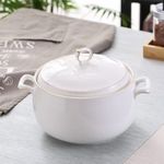 Ceramic Soup Tureen with Lid, 3L Large Capacity Serving Tureen with Double Handles for Kitchen, Porcelain, White with Gold Trim, Microwave and Dishwasher Safe (Type2)