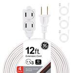 GE 3-Outlet Power Strip, 12 Ft Extension Cord, 4 Pack, 2 Prong, 16 Gauge, Twist-to-Close Safety Covers, Indoor Rated, Perfect for Home, Office or Kitchen, UL Listed, White, 50364